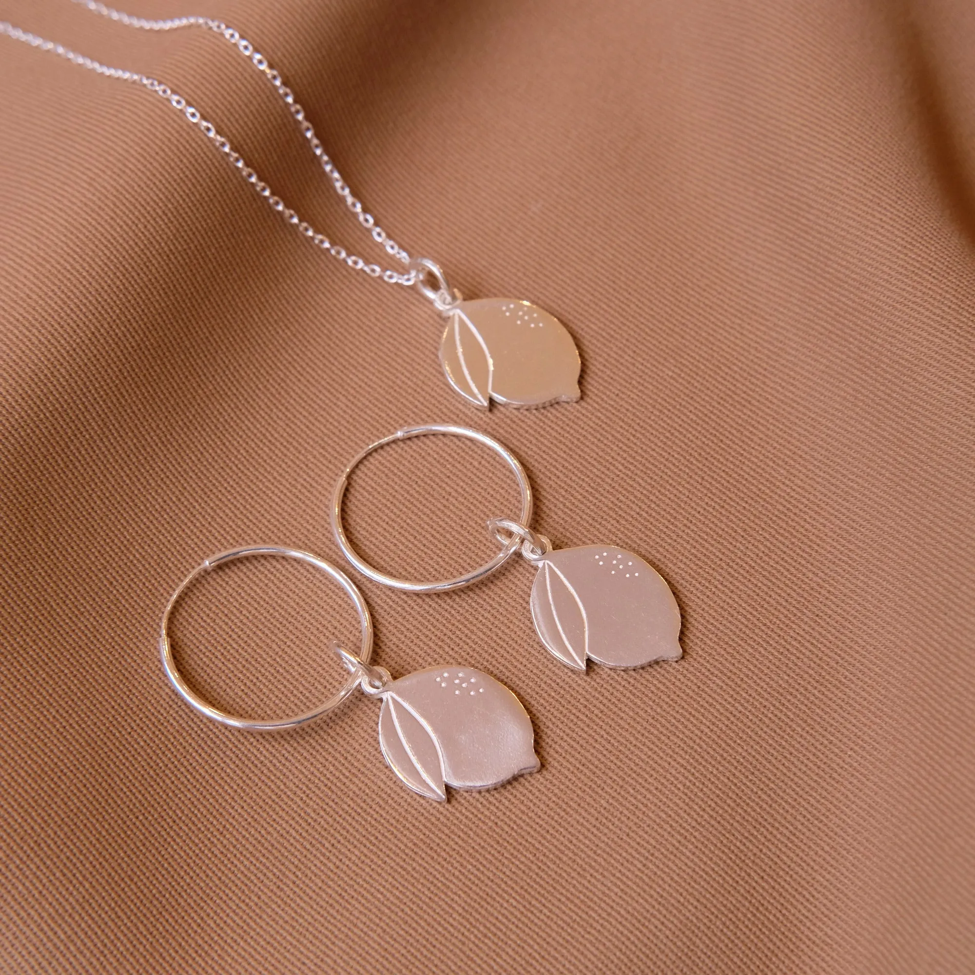 Hoop Earrings with Double Lemon Pendant - Silver