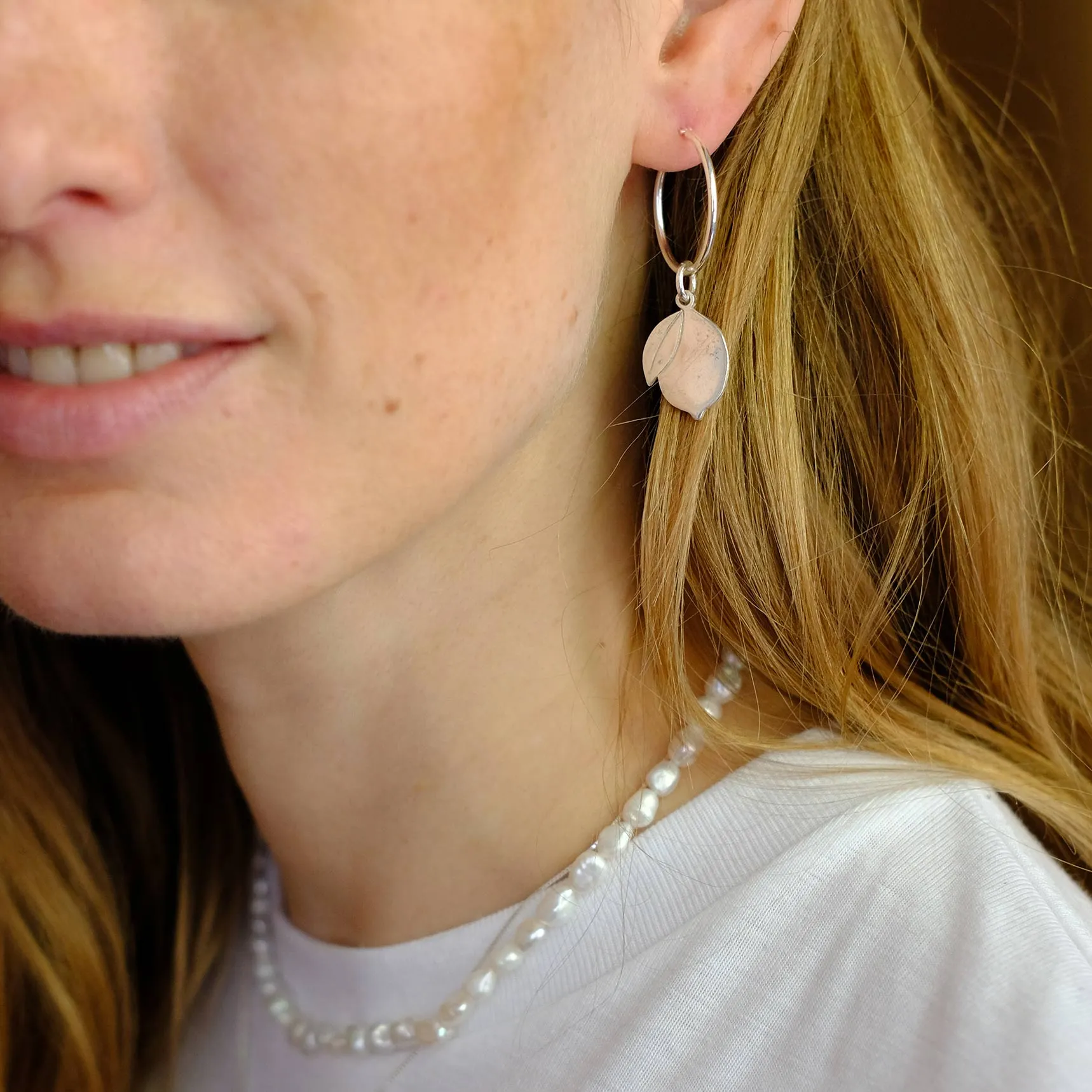 Hoop Earrings with Double Lemon Pendant - Silver