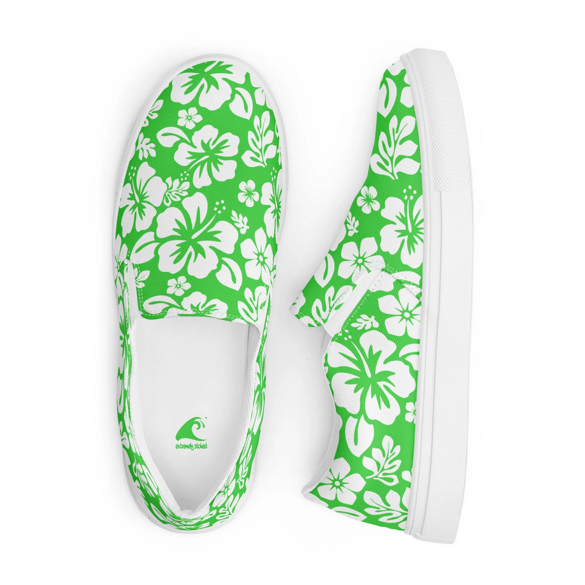 Lime and White Hawaiian Flowers Men’s Slip On Canvas Shoes