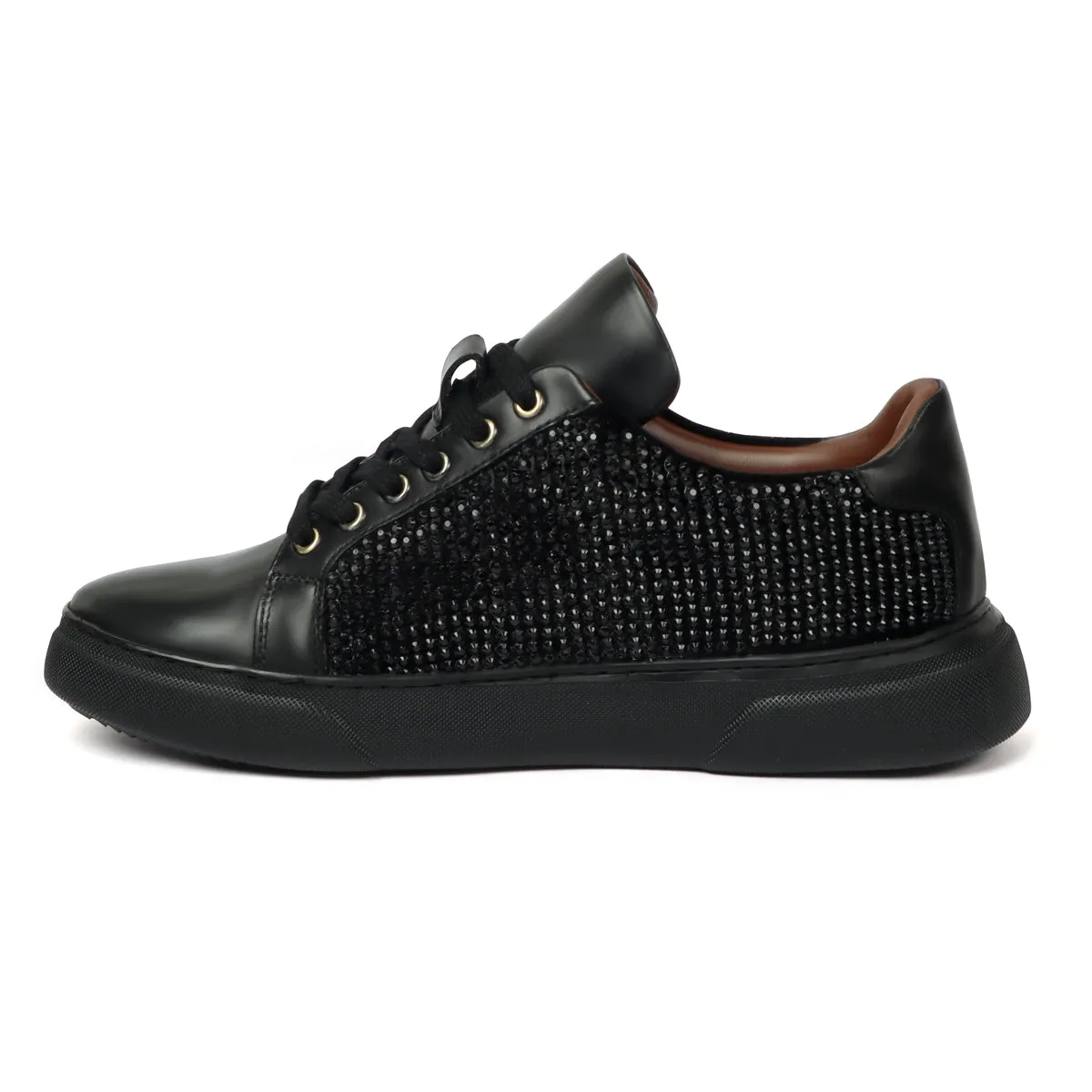 Men's Black Rhinestones black Leather Low Top Sneakers by Brune & Bareskin