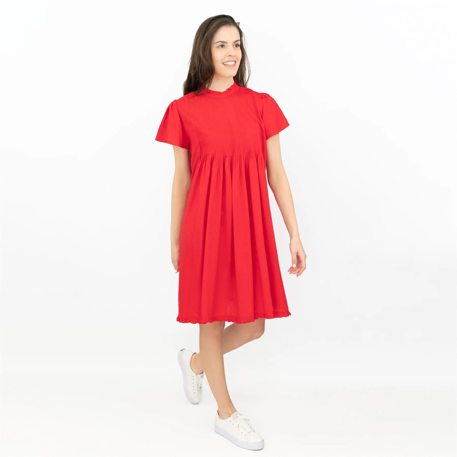 Next Textured Red Shirred Details Lightweight Relaxed Fit Knee Length Dress