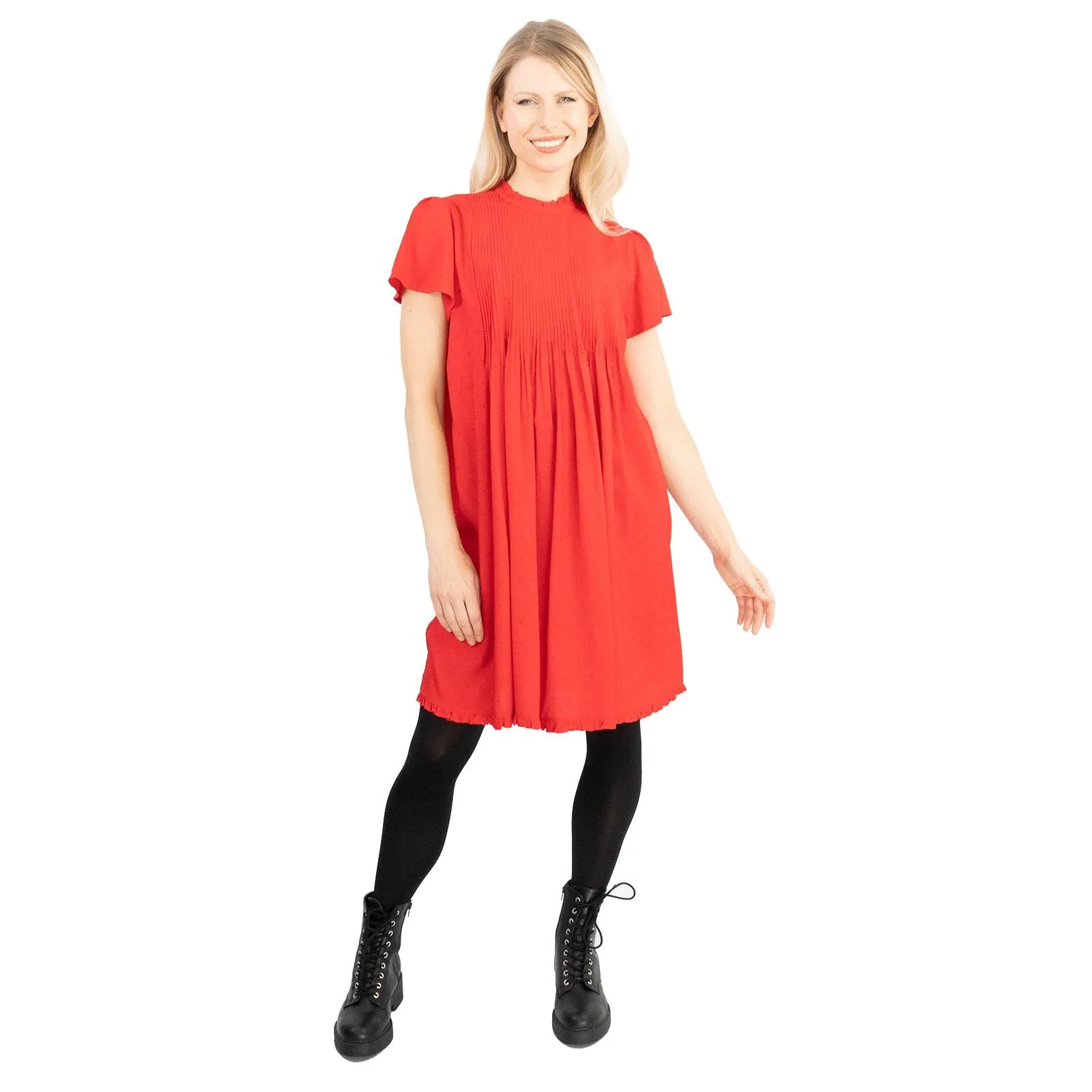 Next Textured Red Shirred Details Lightweight Relaxed Fit Knee Length Dress