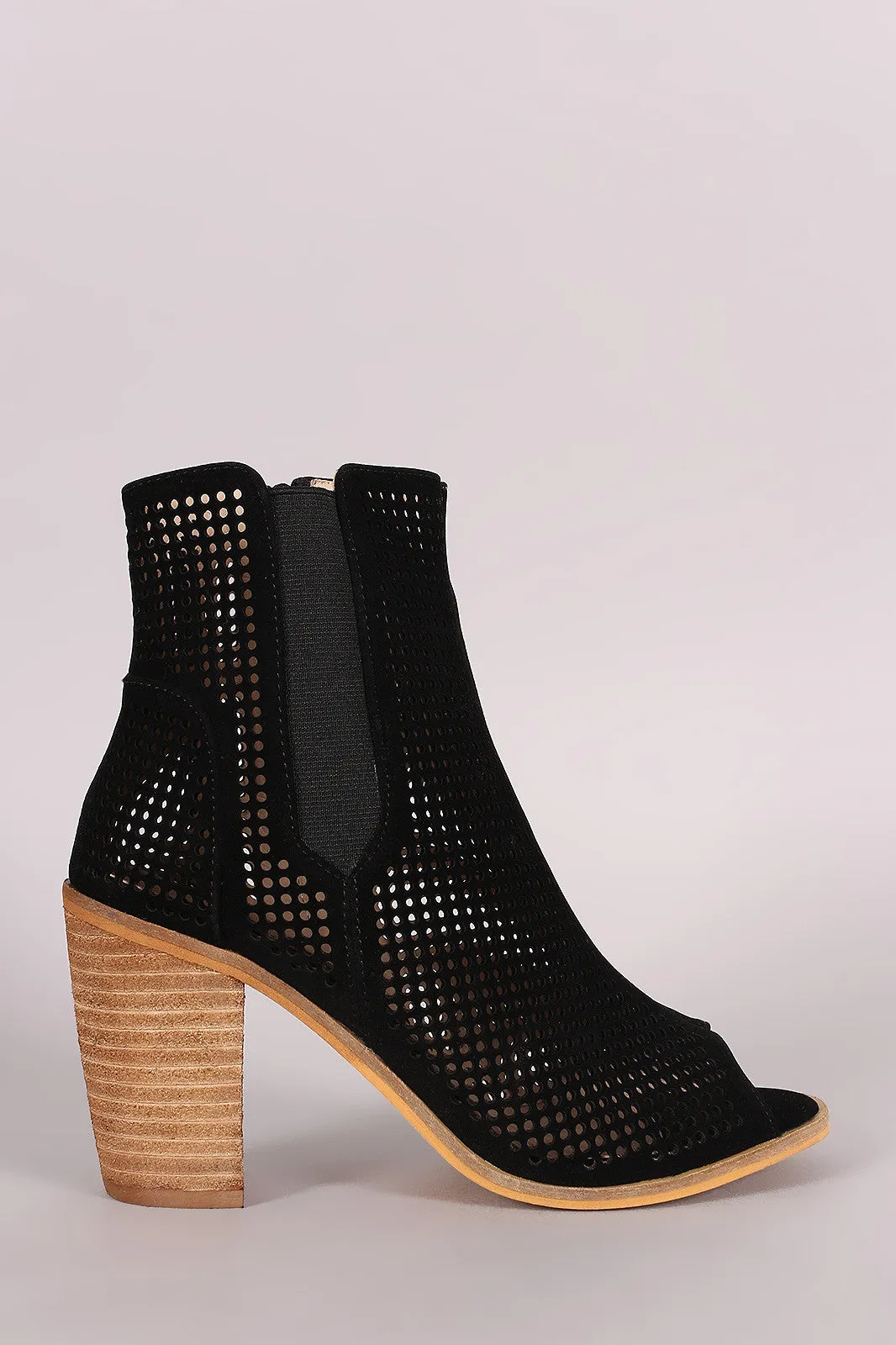 Perforated Peep Toe Chunky Heeled Booties