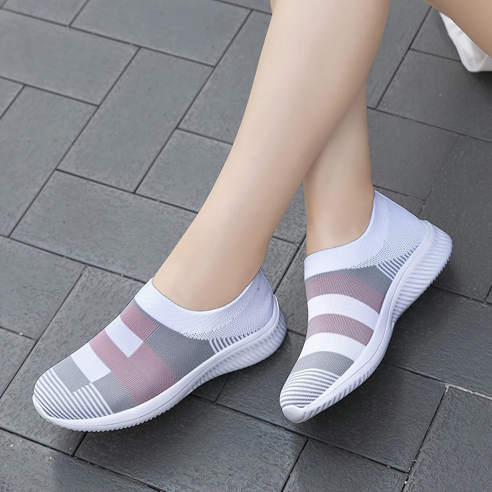 Plaid Low Top Colorblock Sock Sneakers - Ultra Lightweight, Breathable, and Comfortable Slip-On Shoes for Casual Walking and Daily Wear - EVA Insole, Fabric Upper, and Round Toe Design