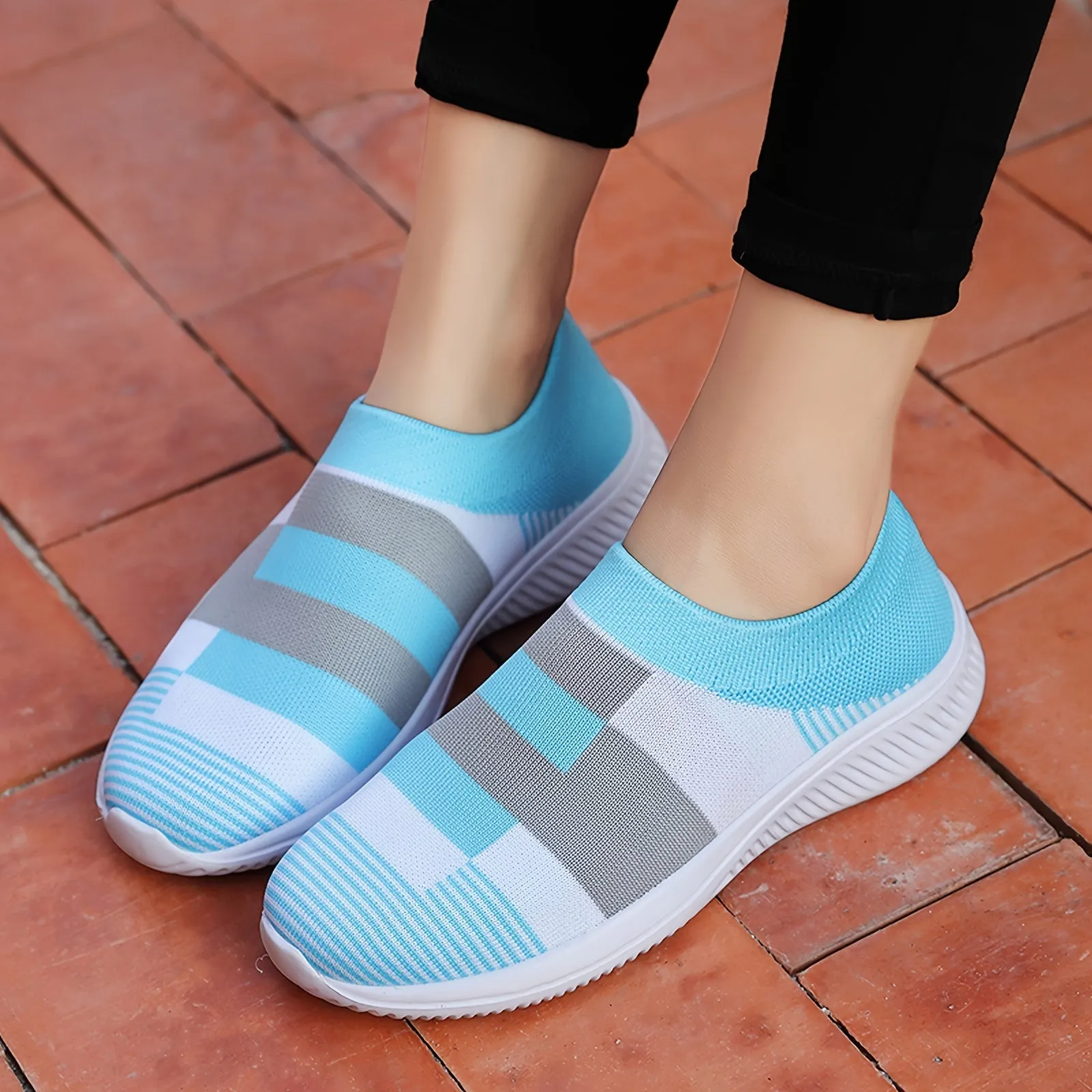 Plaid Low Top Colorblock Sock Sneakers - Ultra Lightweight, Breathable, and Comfortable Slip-On Shoes for Casual Walking and Daily Wear - EVA Insole, Fabric Upper, and Round Toe Design