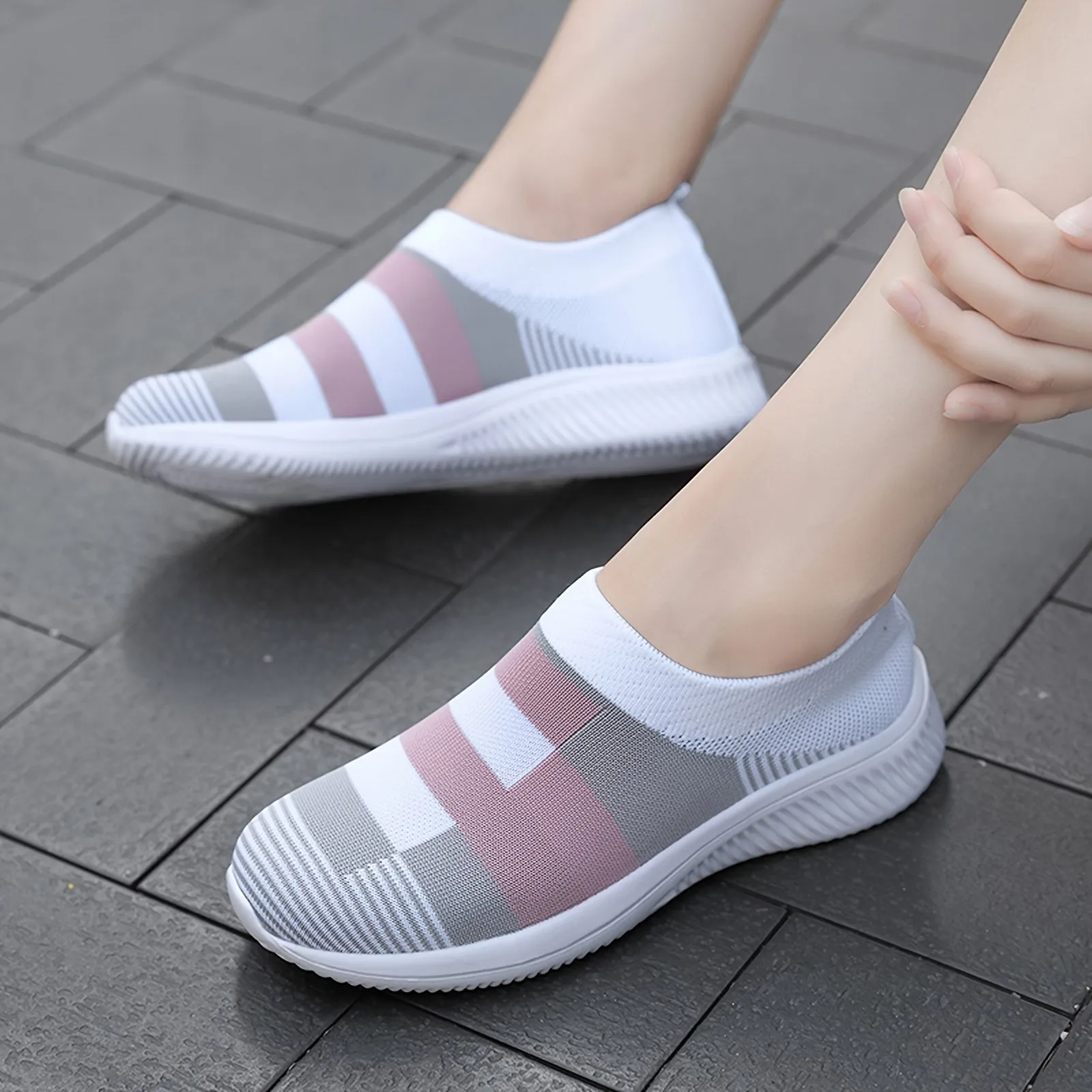 Plaid Low Top Colorblock Sock Sneakers - Ultra Lightweight, Breathable, and Comfortable Slip-On Shoes for Casual Walking and Daily Wear - EVA Insole, Fabric Upper, and Round Toe Design