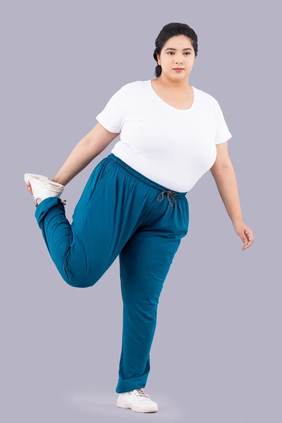 Plus Size Cotton Track Pants For Women - Teal Blue