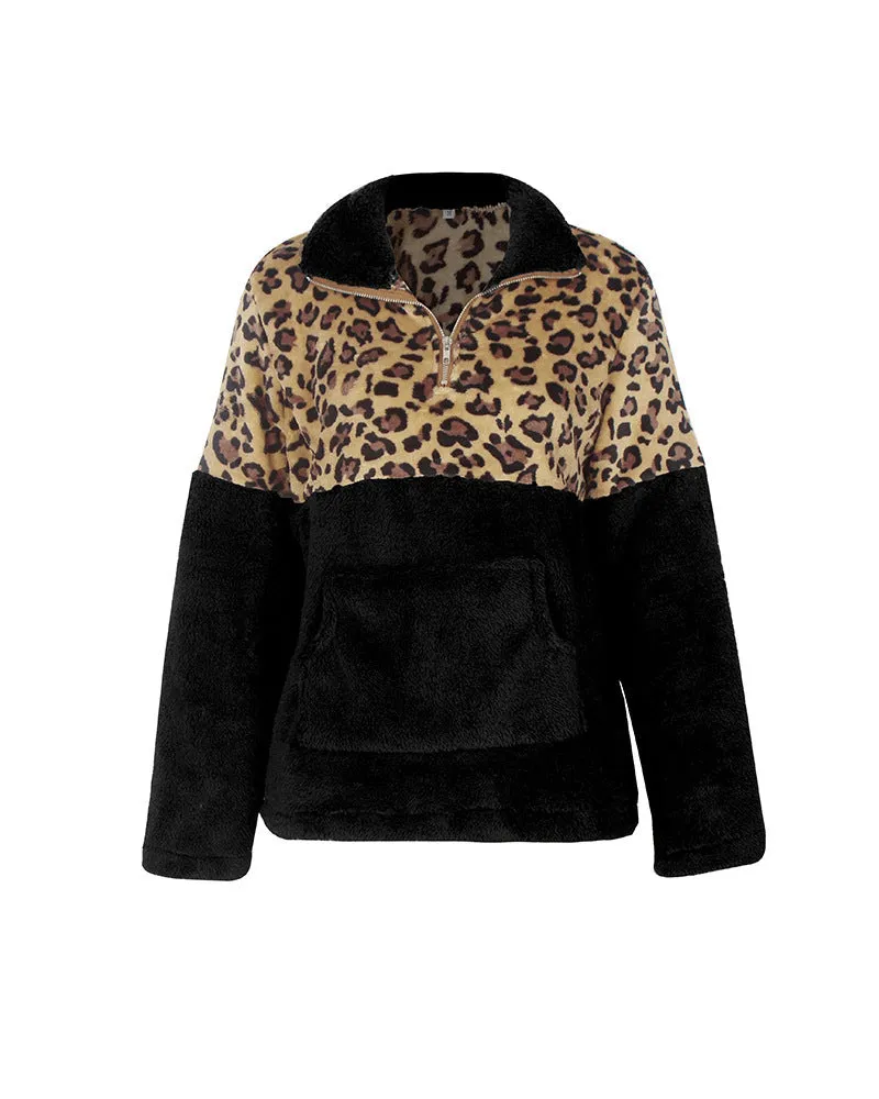 Quarter Zip Fleece Sherpa Pullover Womens Contrast Color Animal Print