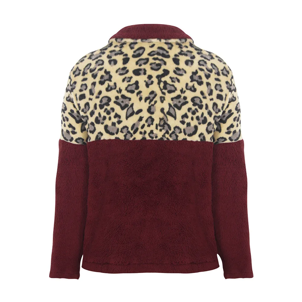 Quarter Zip Sherpa Pullover Fuzzy Fleece in Burgundy X LeoPard