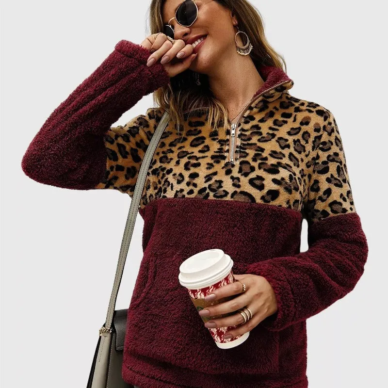 Quarter Zip Sherpa Pullover Fuzzy Fleece in Burgundy X LeoPard