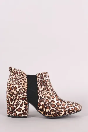 Qupid Leopard Almond Toe Elastic Gore Chunky Heeled Ankle Boots