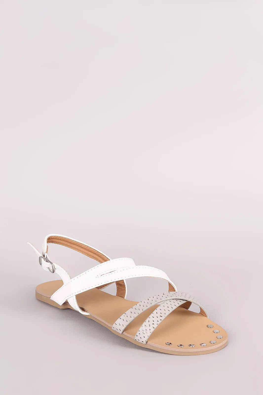 Qupid Two Tone Strappy Open Toe Studded Flat Sandal