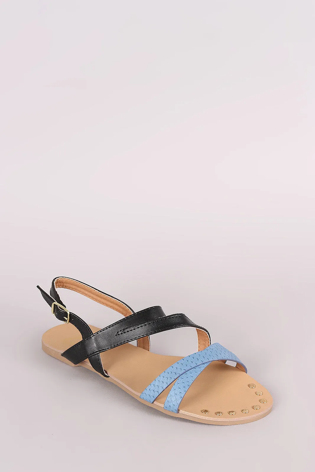 Qupid Two Tone Strappy Open Toe Studded Flat Sandal