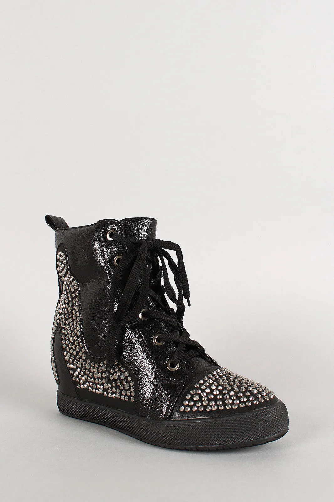 Rhinestone High Top Lace Up Round Toe Wedge Sneaker