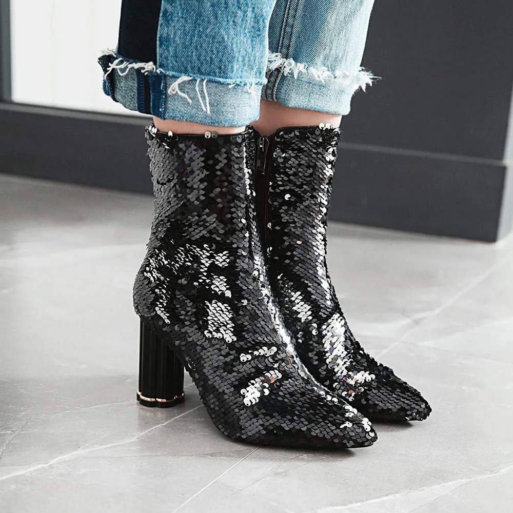 Sequins High Heel Ankle Zipper Slim Shoes