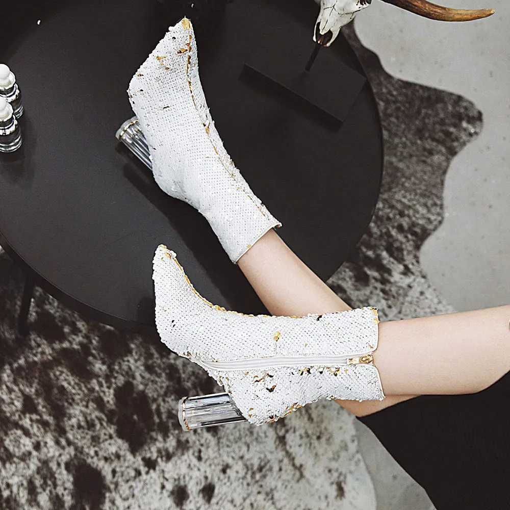 Sequins High Heel Ankle Zipper Slim Shoes