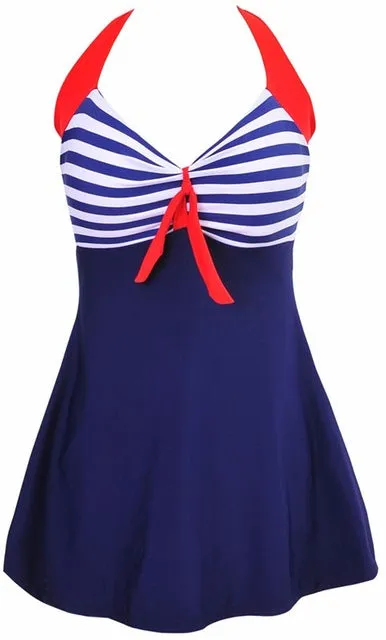 Sexy Plus Size Stripe Padded Halter Skirt Swimwear Women One Piece Suits Swimsuit Beachwear Bathing Suit Swimwear Dress M To 4XL