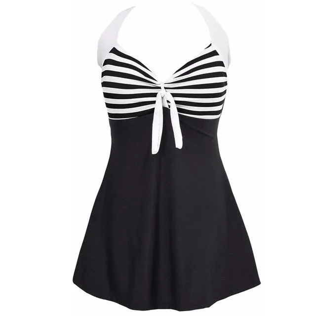 Sexy Plus Size Stripe Padded Halter Skirt Swimwear Women One Piece Suits Swimsuit Beachwear Bathing Suit Swimwear Dress M To 4XL