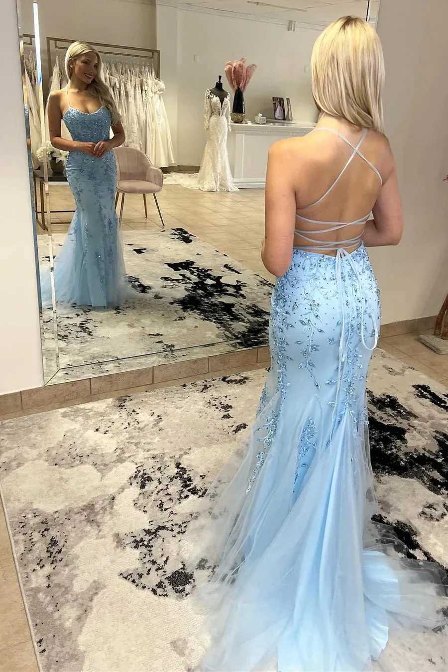 Sky Blue Trumpet Spaghetti Straps With Lace Long Prom Dresses PSK462