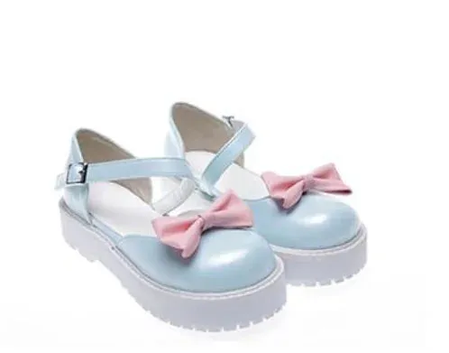 Sohiwoo vintage round head low heel women shoes cute bowknot one-word buckle kawaii shoes loli cosplay Japanese sweet lolita shoes