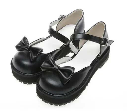 Sohiwoo vintage round head low heel women shoes cute bowknot one-word buckle kawaii shoes loli cosplay Japanese sweet lolita shoes