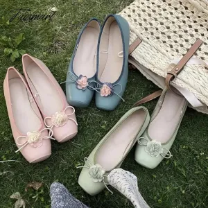 Tavimart Classic Ballet Shoes Silk Ribbon Lace Up Ballet Shoes Women Square Toe Narcissus Flower Elegant Valentine Flats Pink Green