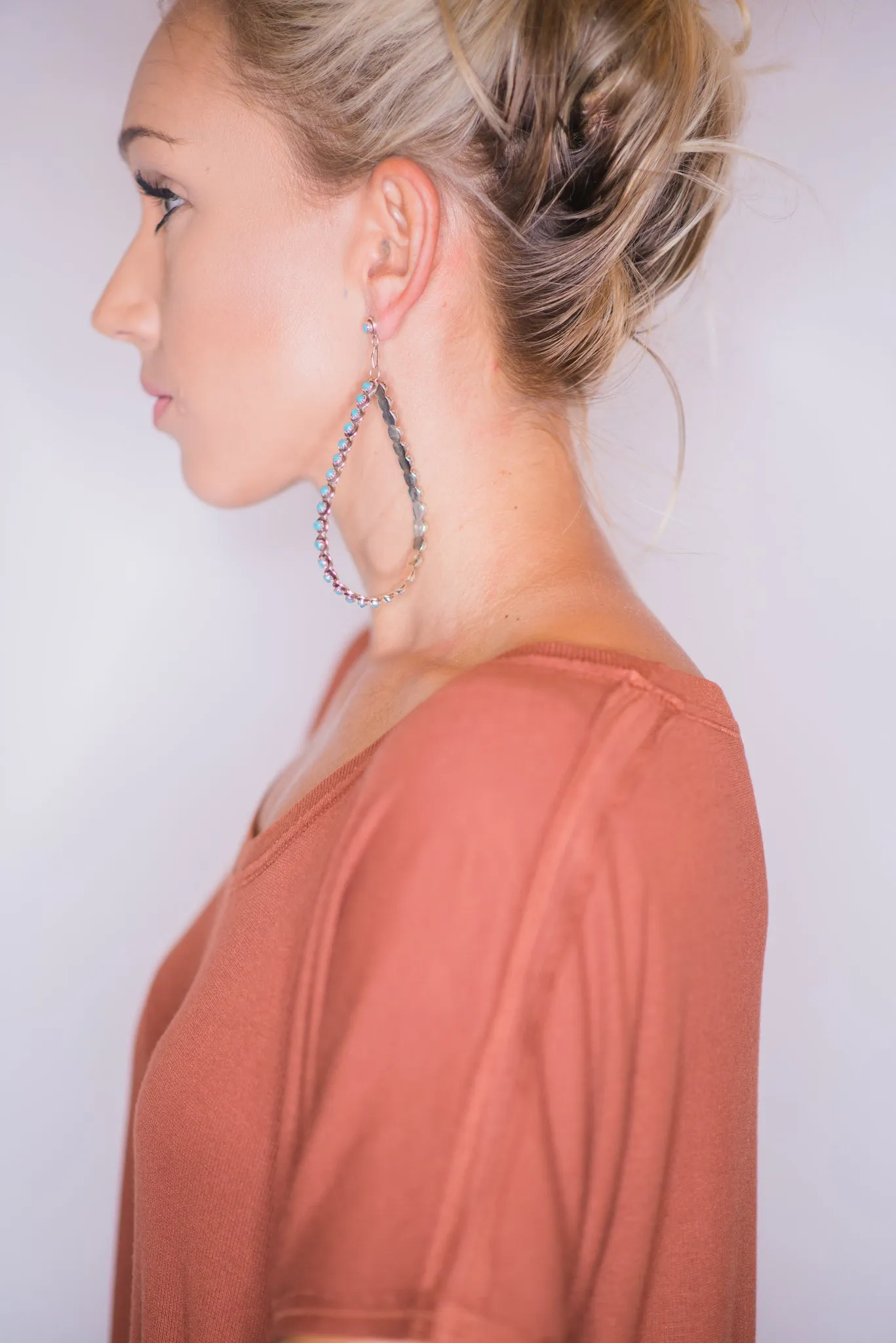 The Post Zuni Teardrop Hoops-Turquoise: 4"