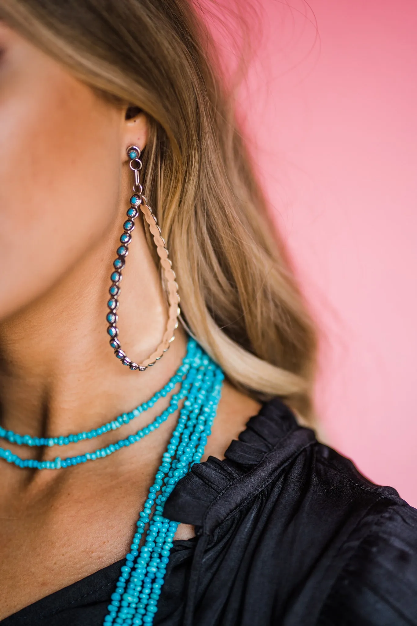 The Post Zuni Teardrop Hoops-Turquoise: 4"