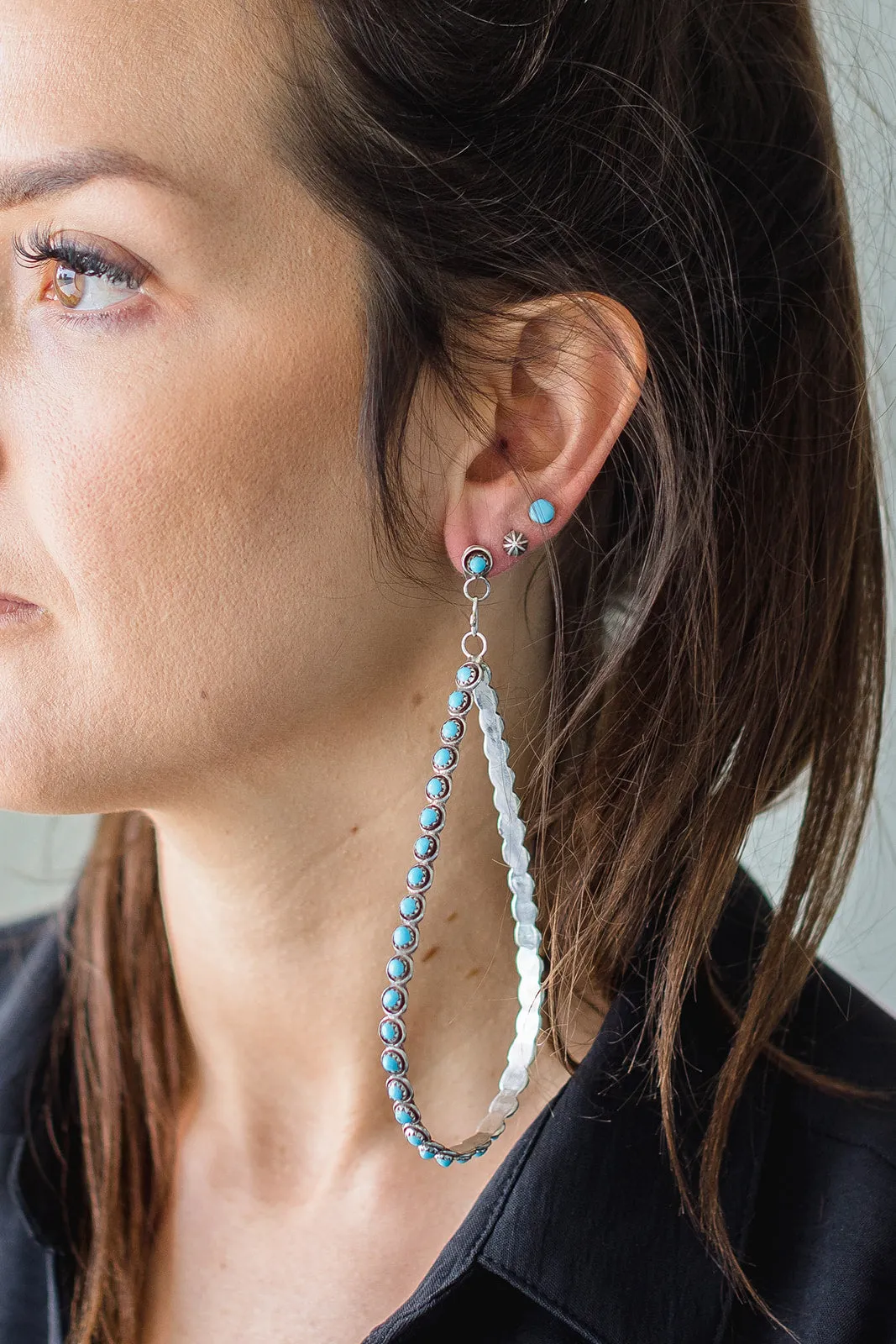 The Post Zuni Teardrop Hoops-Turquoise: 5"