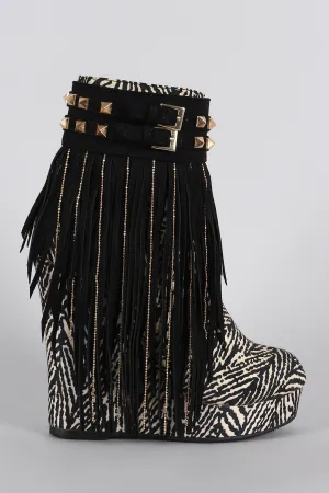 Tribal Studded Suede Chain Fringe Platform Wedge Bootie