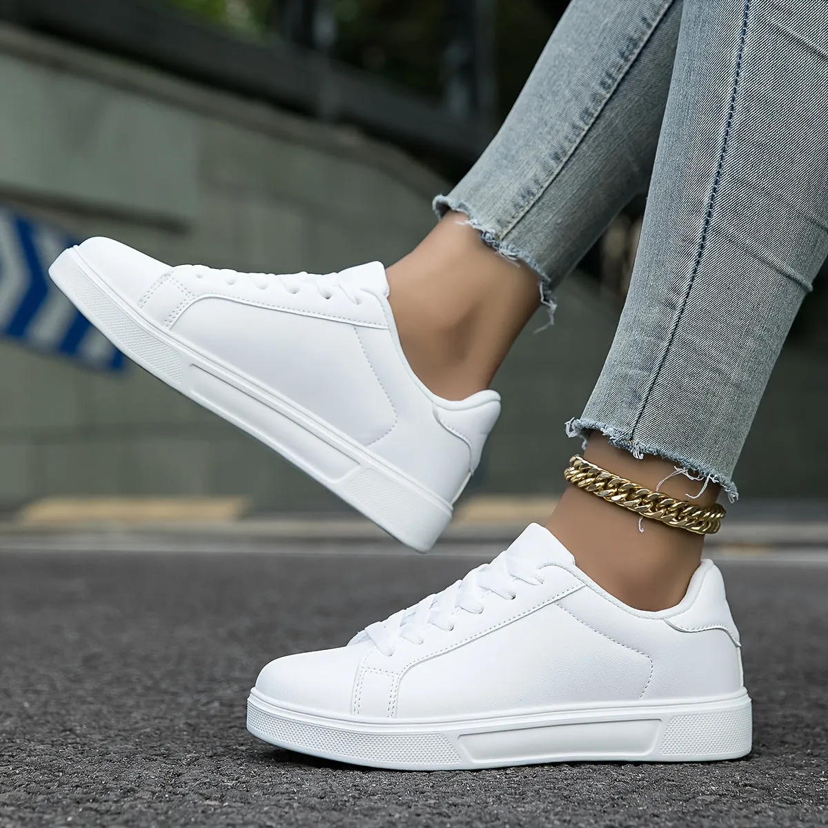 Versatile White Low Top Lace Up Flat Sneakers for Women - Breathable Fabric Lining, EVA Insole, Round Toe, Faux Leather Upper, All-Season Wear - Perfect for Casual Outdoor Walking and Daily Trainers