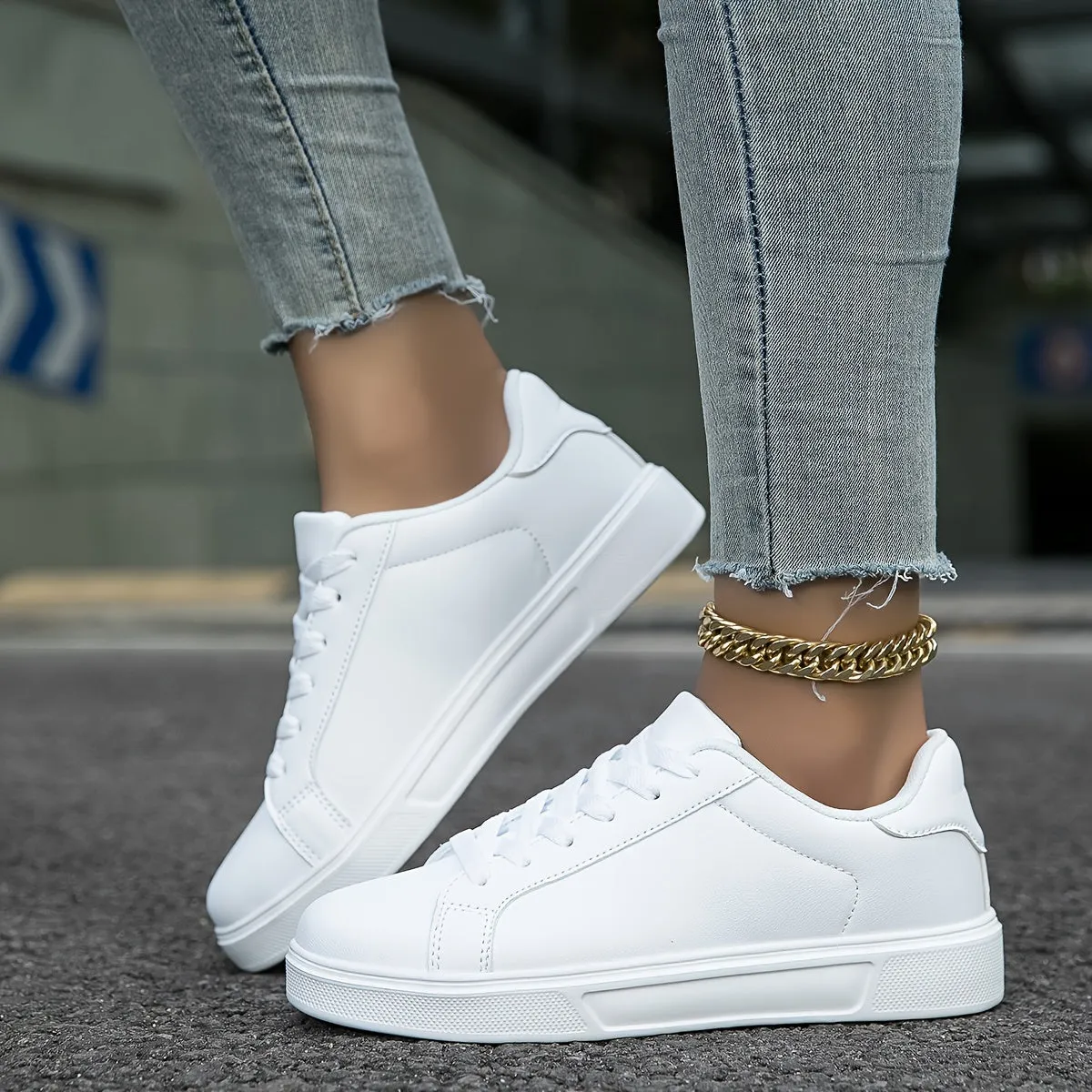 Versatile White Low Top Lace Up Flat Sneakers for Women - Breathable Fabric Lining, EVA Insole, Round Toe, Faux Leather Upper, All-Season Wear - Perfect for Casual Outdoor Walking and Daily Trainers