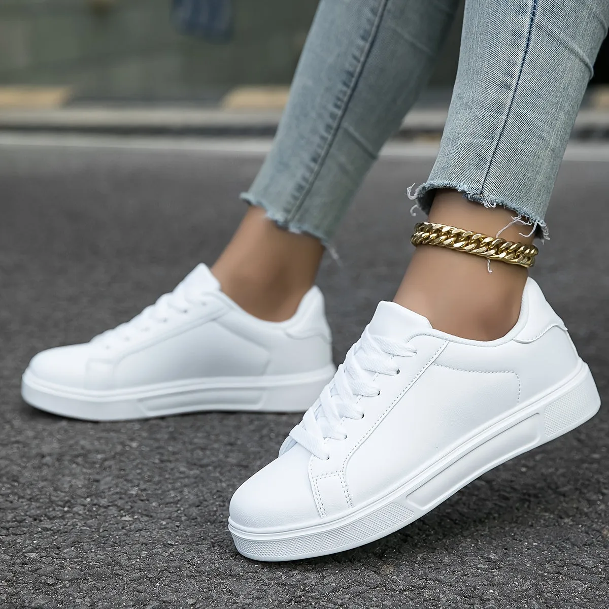 Versatile White Low Top Lace Up Flat Sneakers for Women - Breathable Fabric Lining, EVA Insole, Round Toe, Faux Leather Upper, All-Season Wear - Perfect for Casual Outdoor Walking and Daily Trainers