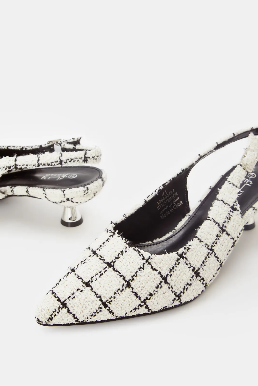 Women Black And White Checkered  Slingback Mule