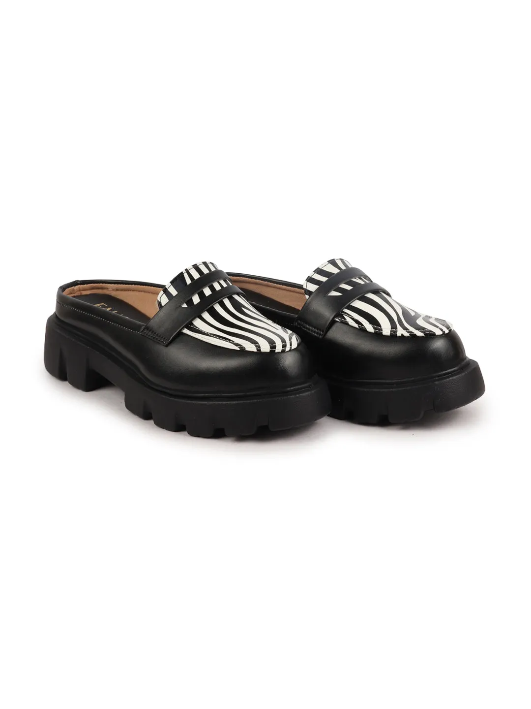 Women Black Stiched Zebra Striped Print Back Open Party Slip On Casual Shoes