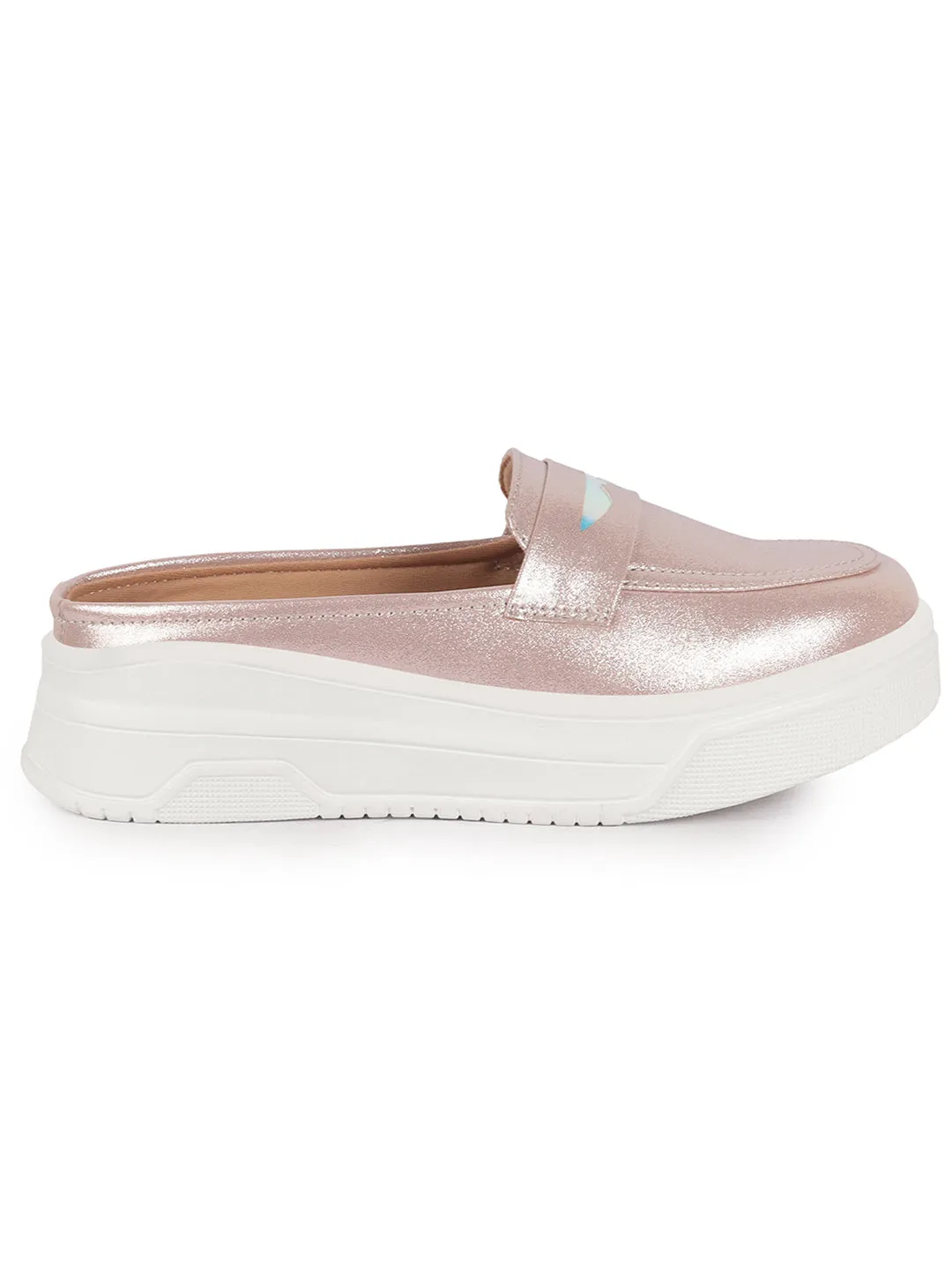 Women Pink Classic Comfort Height Enhancer Shiny Glitter Back Open Slip On Mule Shoes|Casual Slip On Walking Shoe