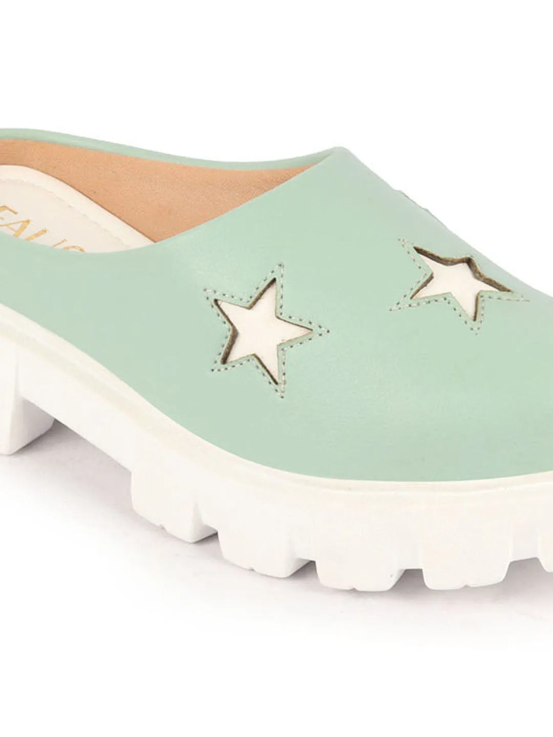 Women Pista Green Laser Cut Star Open Back Height Enhancer Slip On Casual Shoes