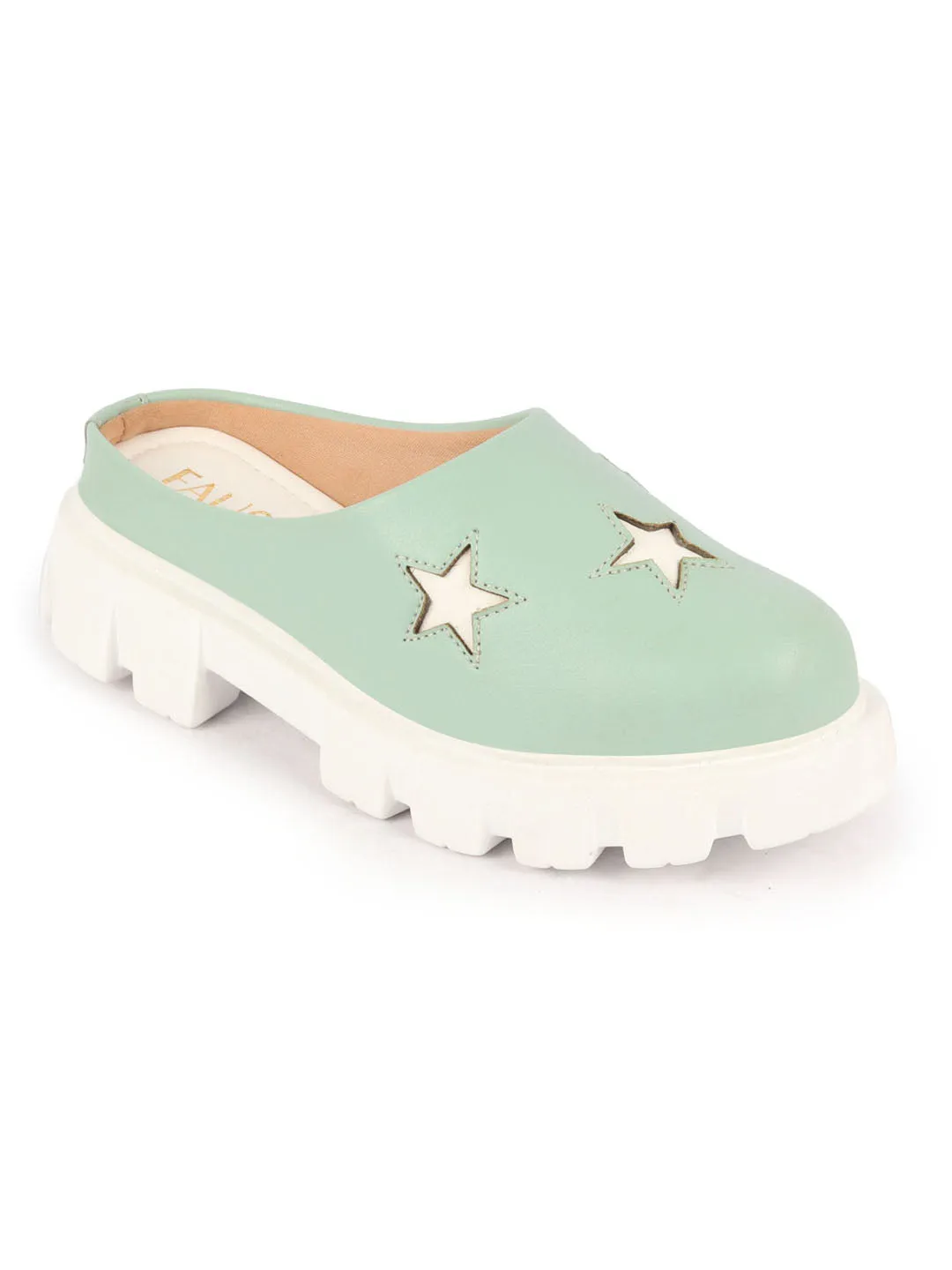 Women Pista Green Laser Cut Star Open Back Height Enhancer Slip On Casual Shoes