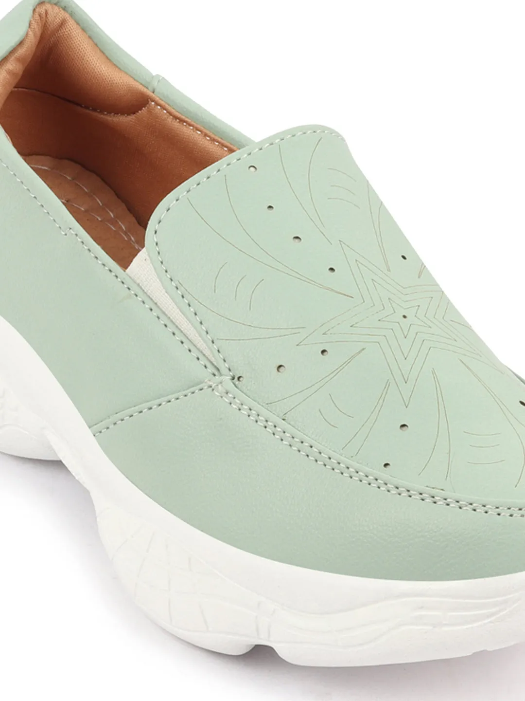 Women Pista Green Printed Design Stitched Comfort Slip On Sneaker Shoes