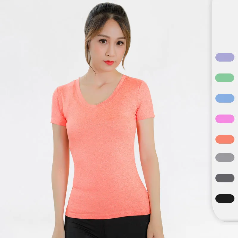 Women V-Neck Solid Color Short Sleeve Yoga Fitness Tops