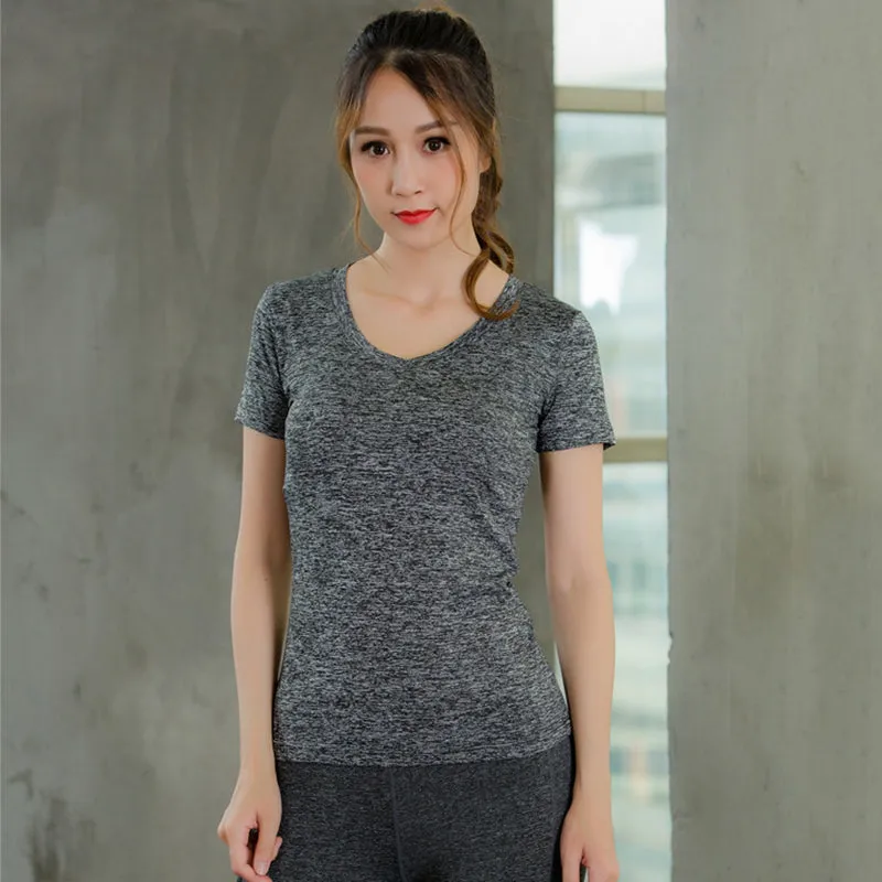 Women V-Neck Solid Color Short Sleeve Yoga Fitness Tops