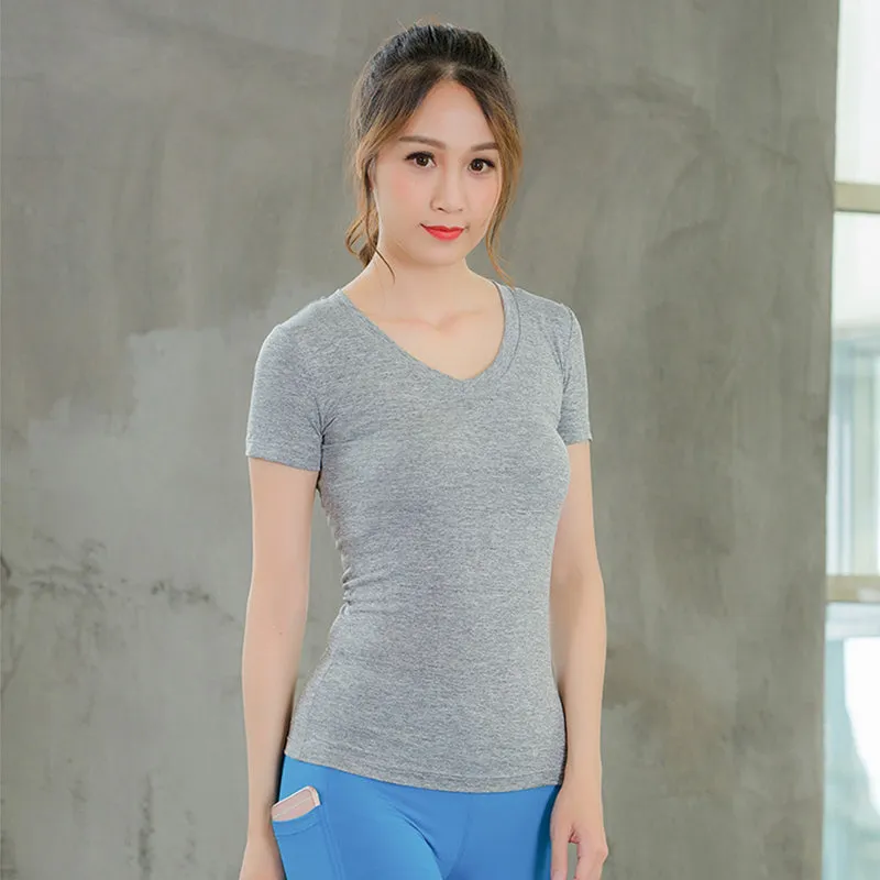 Women V-Neck Solid Color Short Sleeve Yoga Fitness Tops