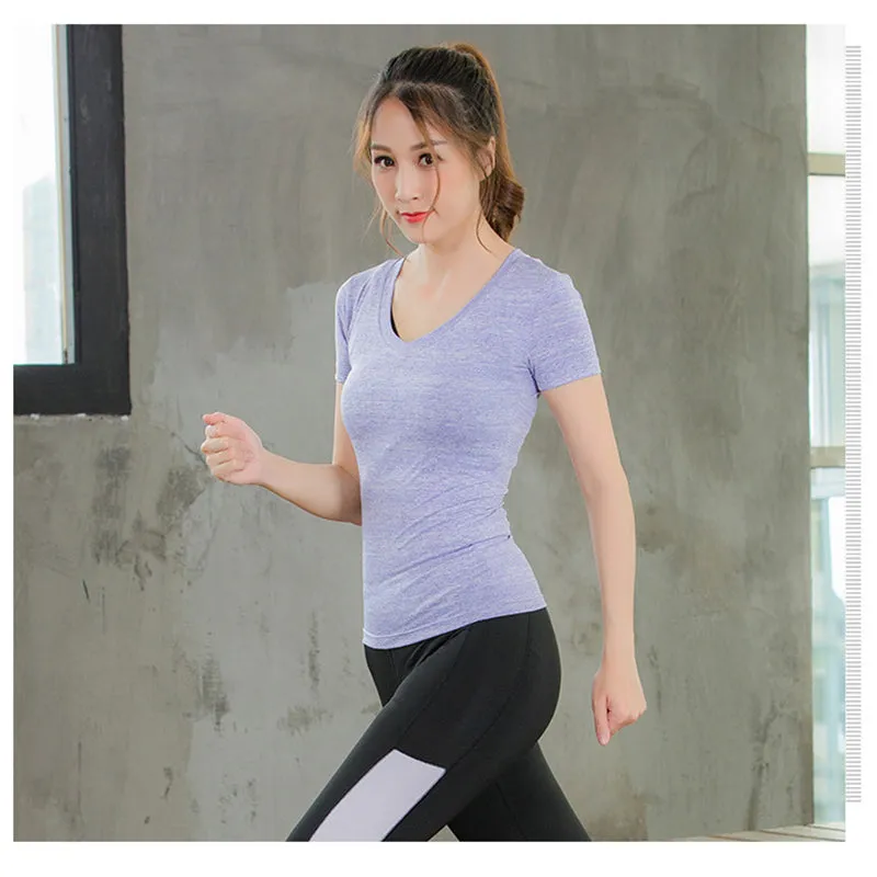 Women V-Neck Solid Color Short Sleeve Yoga Fitness Tops