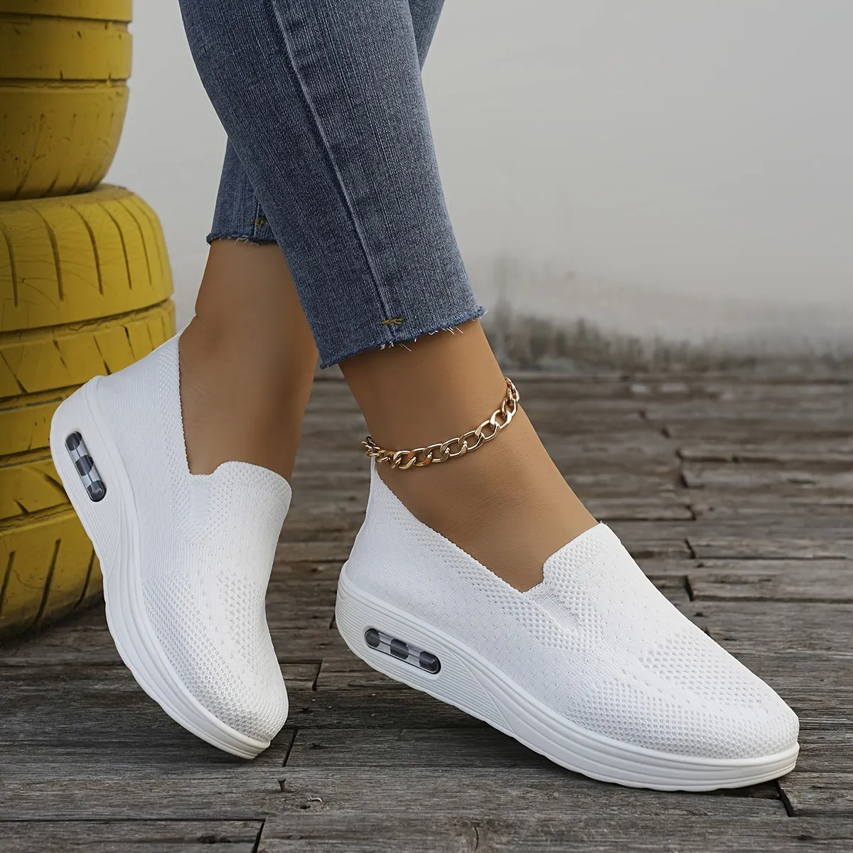 Womens Lightweight Air Cushion Sneakers - Breathable, Comfortable, and Soft Fabric Upper - Slip-on, Low Top, Solid Color, TPU Sole, Perfect for Casual Walking and Sports