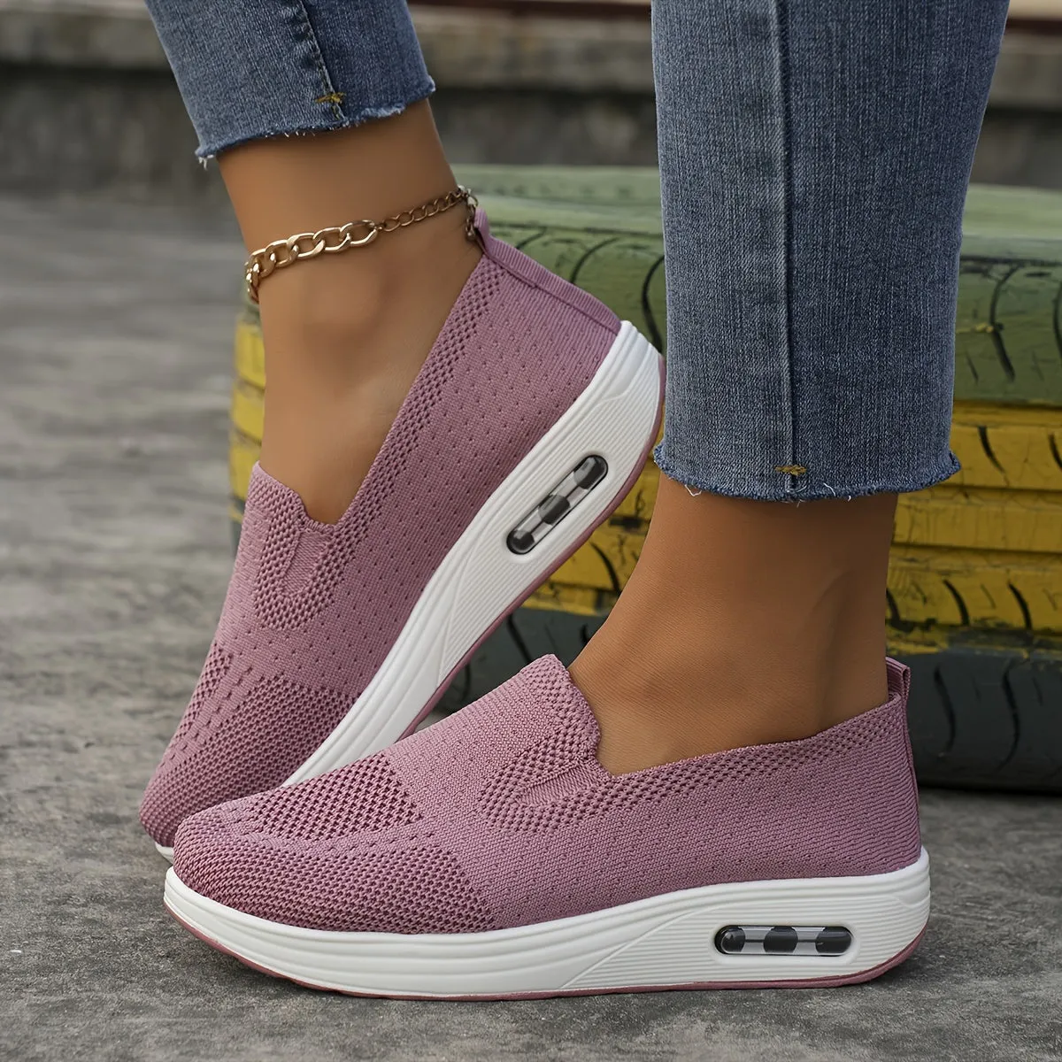 Womens Lightweight Air Cushion Sneakers - Breathable, Comfortable, and Soft Fabric Upper - Slip-on, Low Top, Solid Color, TPU Sole, Perfect for Casual Walking and Sports