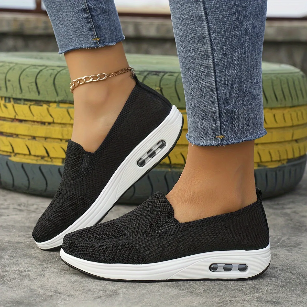 Womens Lightweight Air Cushion Sneakers - Breathable, Comfortable, and Soft Fabric Upper - Slip-on, Low Top, Solid Color, TPU Sole, Perfect for Casual Walking and Sports