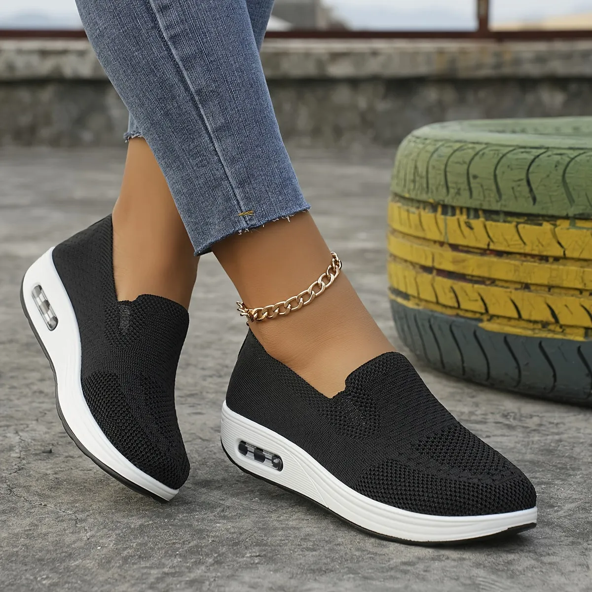 Womens Lightweight Air Cushion Sneakers - Breathable, Comfortable, and Soft Fabric Upper - Slip-on, Low Top, Solid Color, TPU Sole, Perfect for Casual Walking and Sports