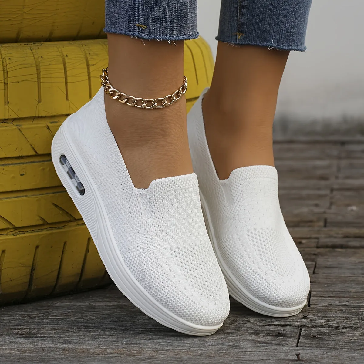 Womens Lightweight Air Cushion Sneakers - Breathable, Comfortable, and Soft Fabric Upper - Slip-on, Low Top, Solid Color, TPU Sole, Perfect for Casual Walking and Sports