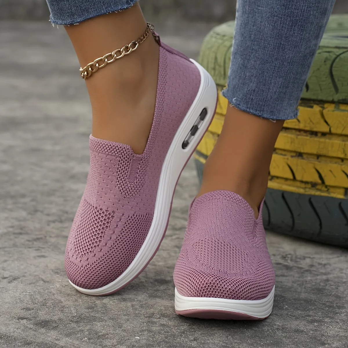 Womens Lightweight Air Cushion Sneakers - Breathable, Comfortable, and Soft Fabric Upper - Slip-on, Low Top, Solid Color, TPU Sole, Perfect for Casual Walking and Sports