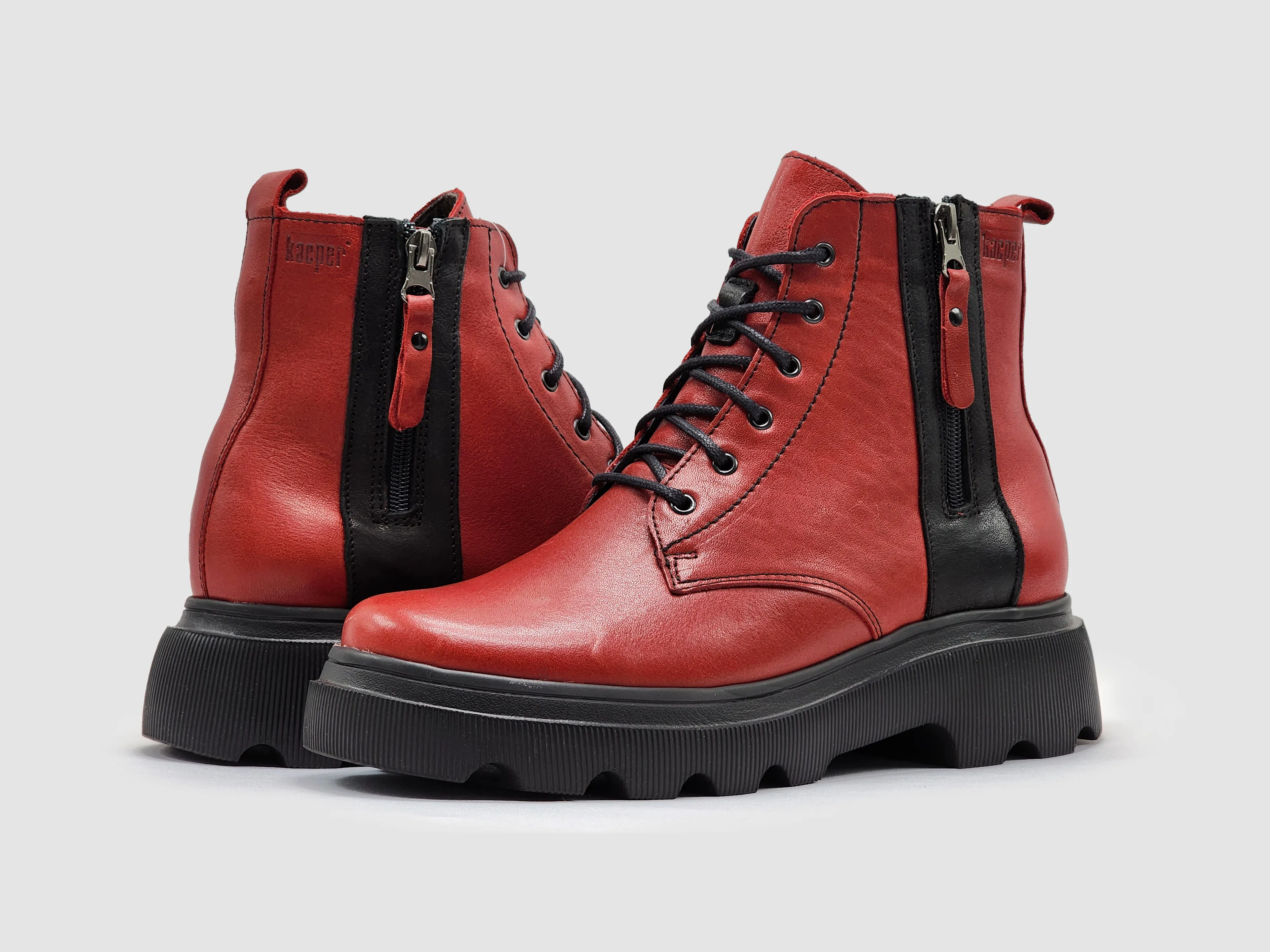 Women's Modern Lined Zip-Up Leather Boots - Red